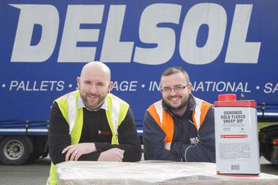 Delsol driver Paul Kavanagh with Steve Jones warehouse supervisor at Bimeda , Llangefni